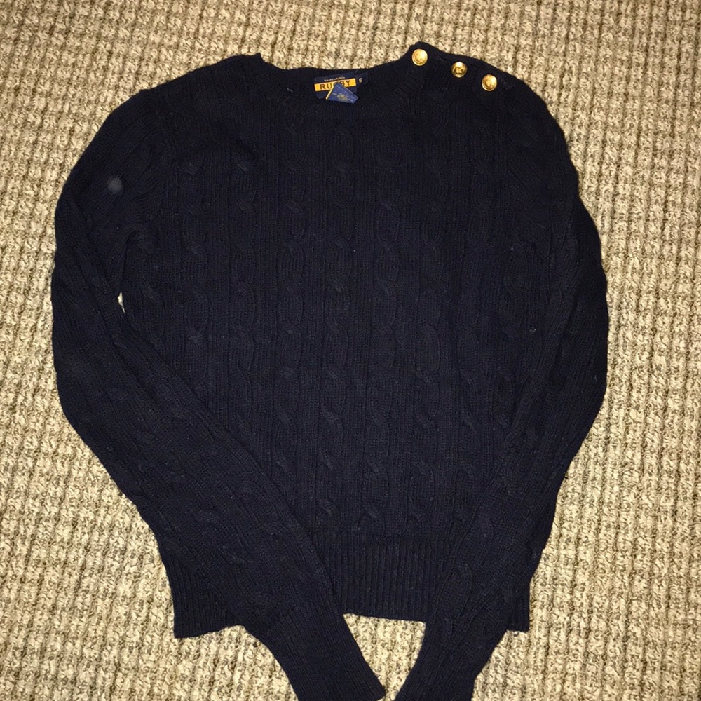 RUGBY RALPH LAUREN NAVY KNIT SWEATER W GOLD ACCENT